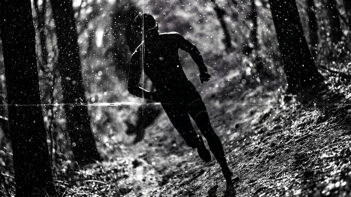 Black and white image of a trail runner in rain among forest trees